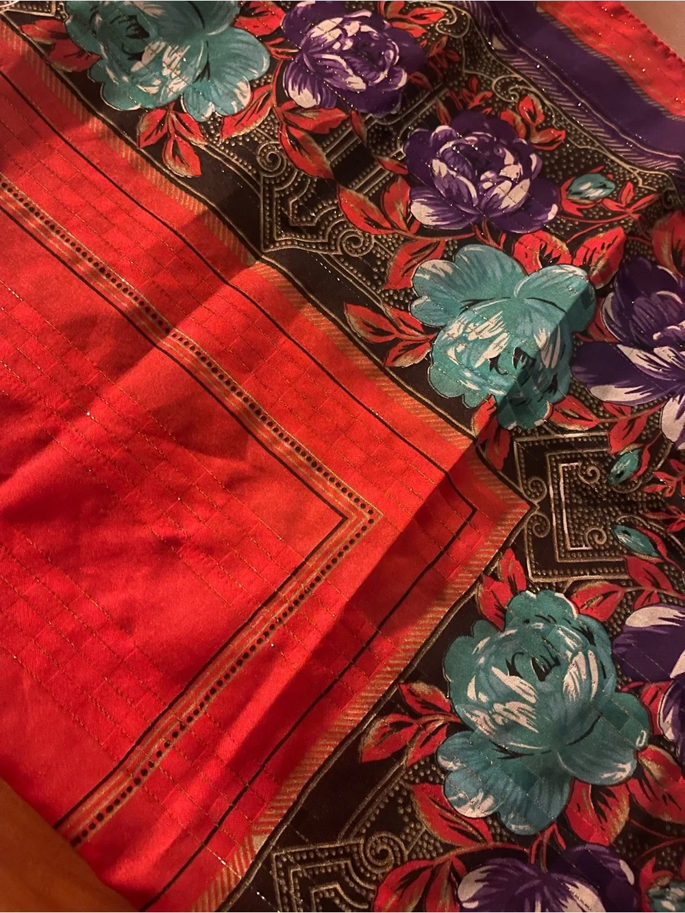 The Bar Red Throw with Teal and Purple Floral Border